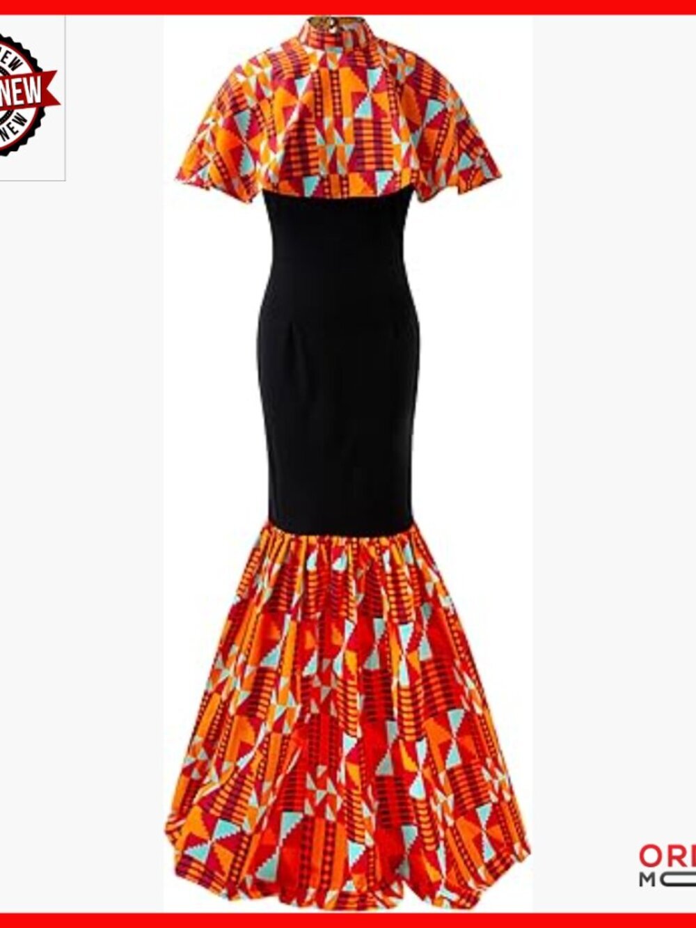African Ankara Formal Dress with Removable Cape, 100% Cotton, Long
